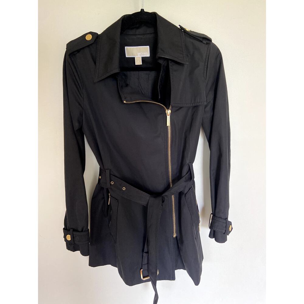 MICHAEL Michael Kors Asymmetrical Zip Trench Jacket Size Small, Black and Gold